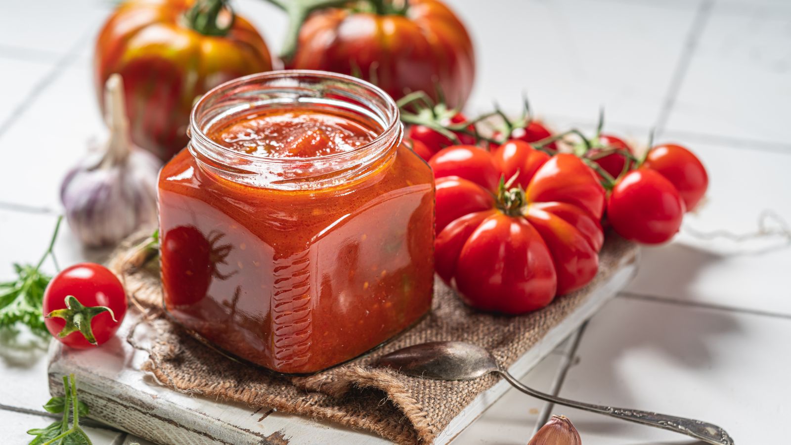 A shot of a jar of homemade sauce made from fresh red fruits, showcasing tomato varieties for making salsa